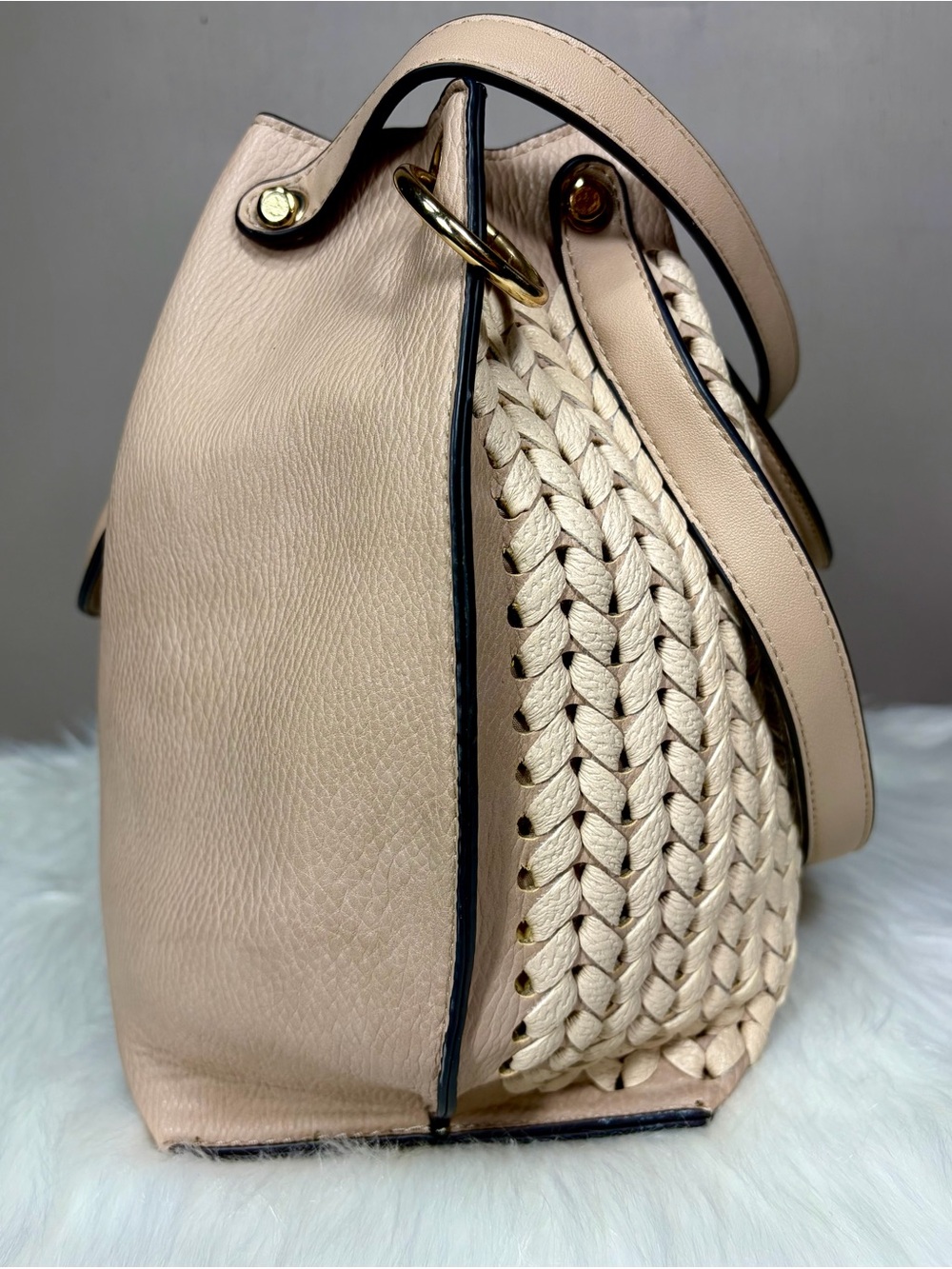 SONDRA ROBERTS Beige Woven Satchel w/Gold Hardware - Picture 3 of 13